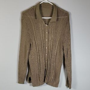 Y2K Ribbed Button Up Cardigan Sweater Size S/M Brown Tan Knit Crochet Modest